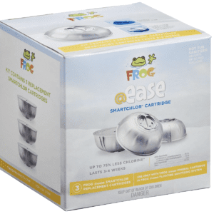 A box with three Frog @Ease Replacement SmartChlor Chlorine Cartridges - 3 Pack in front of it.